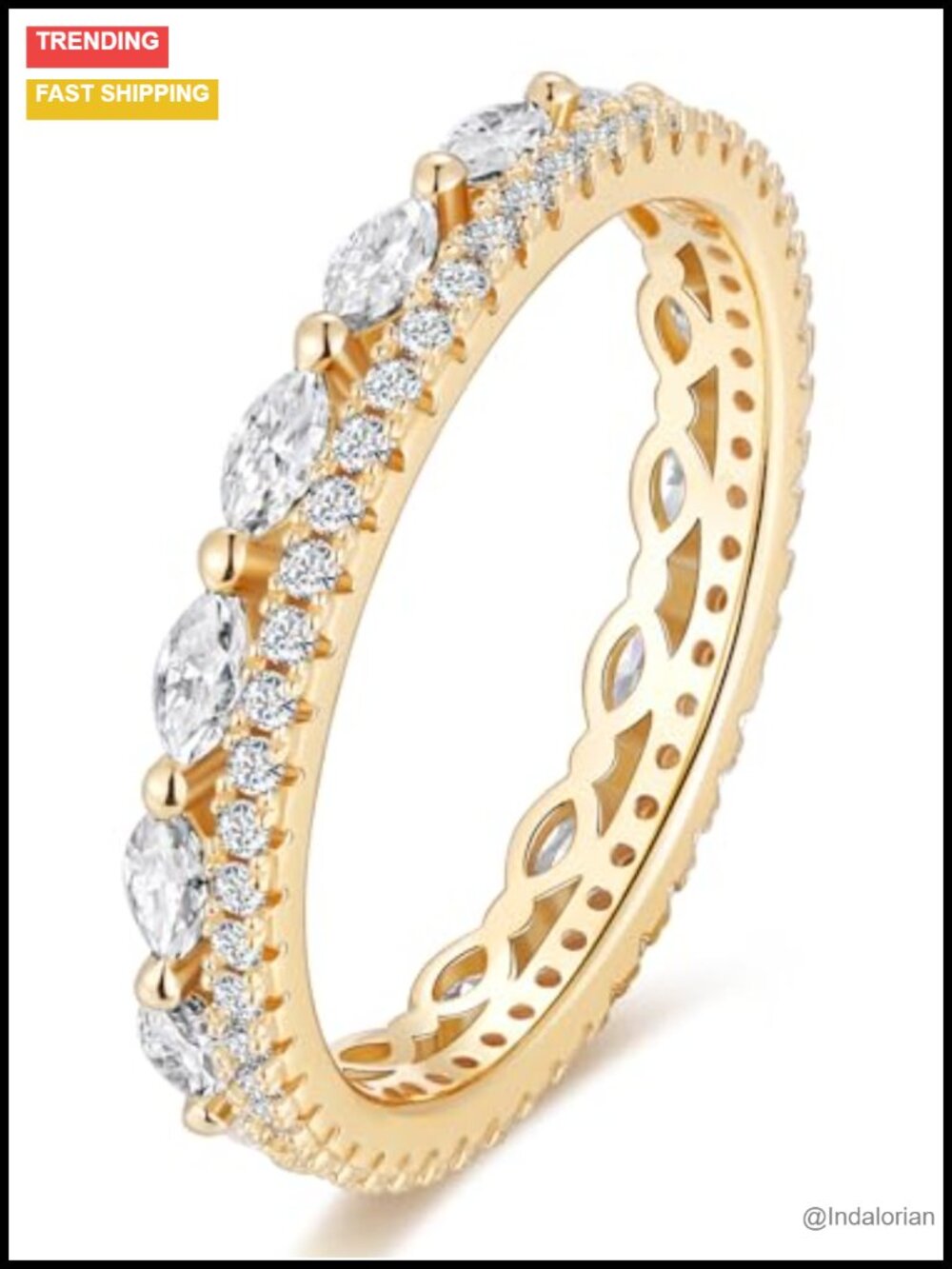 Moissanite Eternity Ring Solid 925 Sterling Silver Yellow Gold Plated Women
